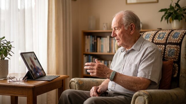Senior man video calling with tablet and wearable monitor at home