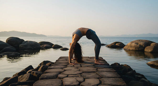 Woman Yoga Pose on Rocky Pier by Sea