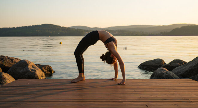 Yoga Pose on Dock by Lake at Sunset