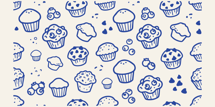 Blueberry muffins in a hand drawn doodle pattern on a cream background for baking promotions