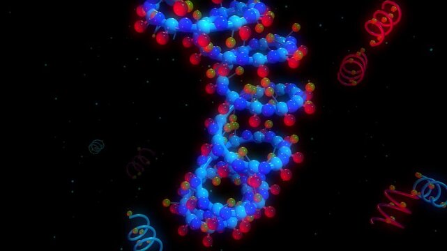 A glowing blue and red helical protein molecular structure, symbolizing genetic DNA strands or scientific nanotechnology, set against a black background.