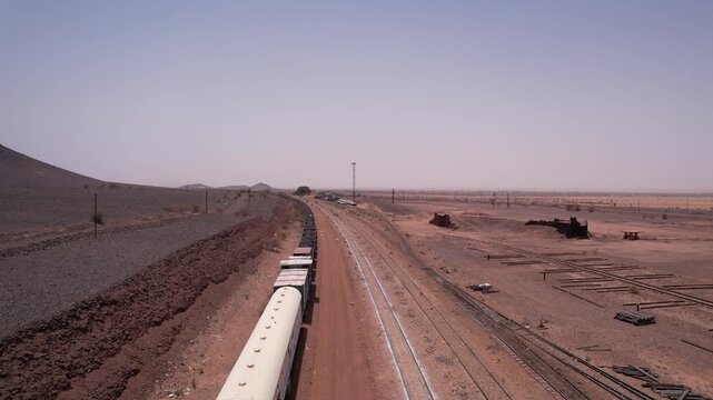 Aerial View of Iron Ore Train Crossing the Sahara Desert in Mauritania