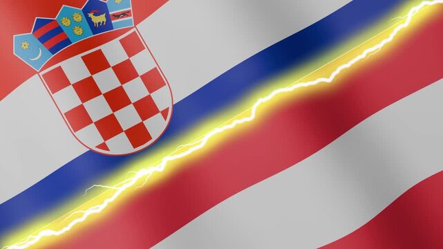 Two waving flags Croatia and Austria with diagonal lightning seamless, 4k loop