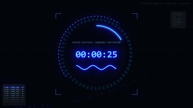 Futuristic Sci Fi Digital Countdown Timer Interface with Neon Blue Glowing HUD Elements and System Display