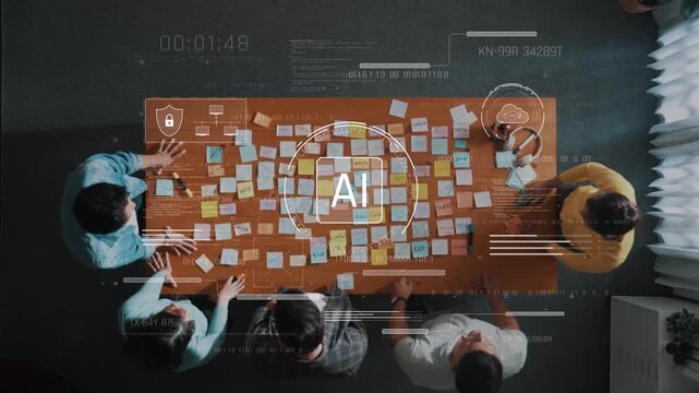 Aerial view of a diverse team collaborating over a table filled with sticky notes, surrounded by a digital overlay symbolizing AI concepts and creativity in action. Raster