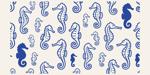 Delicate blue seahorse pattern in a hand drawn doodle style on a cream background © Ishtiaq