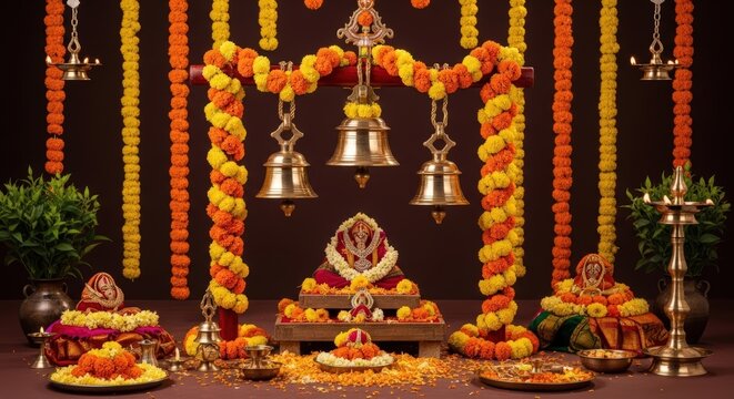 Traditional Hindu altar setup decorated with marigold garlands hanging brass bells and oil lamps for festive religious celebration