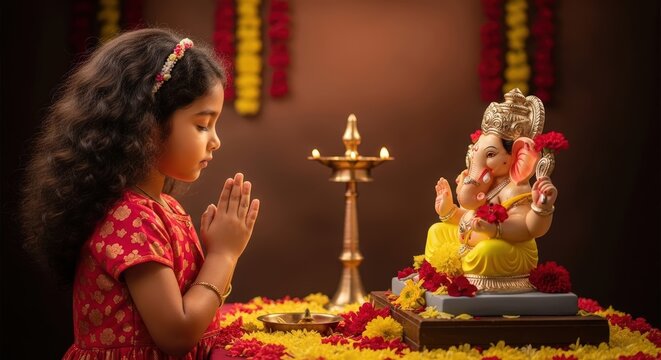 Little Indian girl praying with folded hands before Ganesha idol during traditional Hindu festival celebration
