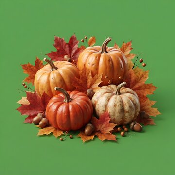 Autumn Harvest Composition of Pumpkins Leaves and Acorns on Green Backdrop