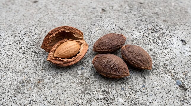 Cracked open dried apricot kernel showing inner nut beside unopened shells on concrete