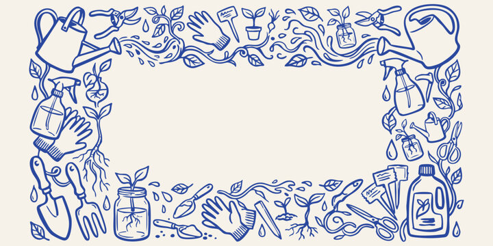 Gardening tools and plants forming a border with a hand drawn doodle style during daylight for organic farming concepts
