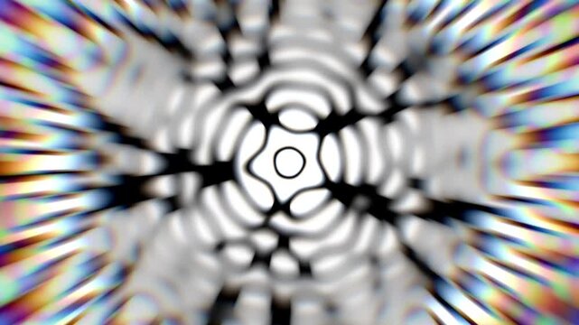Dynamic wave propagation concept with radial symmetry and monochrome ripples surrounded by spectral light refractions in a blurry scientific backdrop