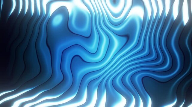 Glowing blue fluid ripples and wavy lines on a dark background with vibrant neon highlights and abstract smooth metallic surface textures