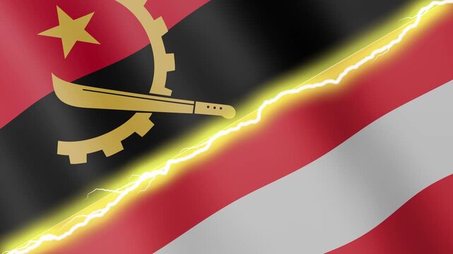 Two waving flags Angola and Austria with diagonal lightning seamless, 4k loop