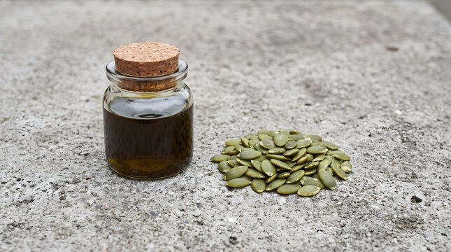 Glass jar of pure pumpkin seed oil beside green shelled pepitas on grey concrete surface