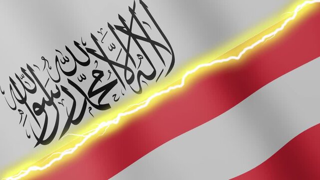 Two waving flags Afghanistan and Austria with diagonal lightning seamless, 4k loop