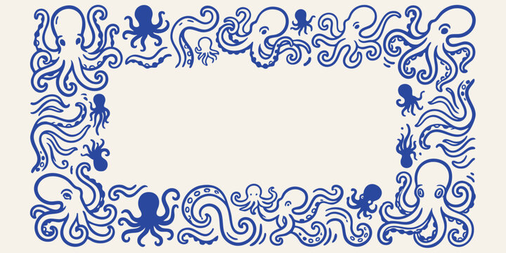 Hand drawn doodle border with playful octopuses in a whimsical maritime theme during daylight