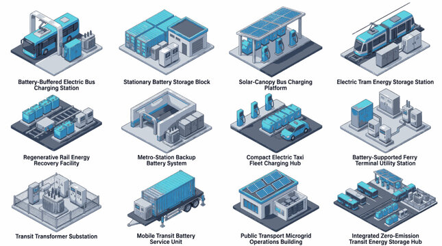 Collection of isometric illustrations depicting various electric vehicle charging stations and energy storage solutions for public transportation and infrastructure.