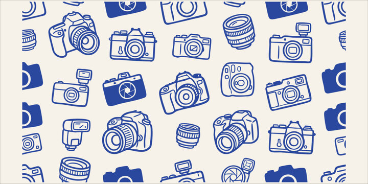 Hand drawn doodle pattern of various cameras and lenses on a cream background for creative projects