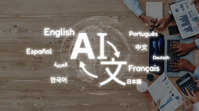 This image showcases the concept of AI-driven translation in multiple languages, highlighting global connectivity and modern technology role in communication and collaboration. Raster