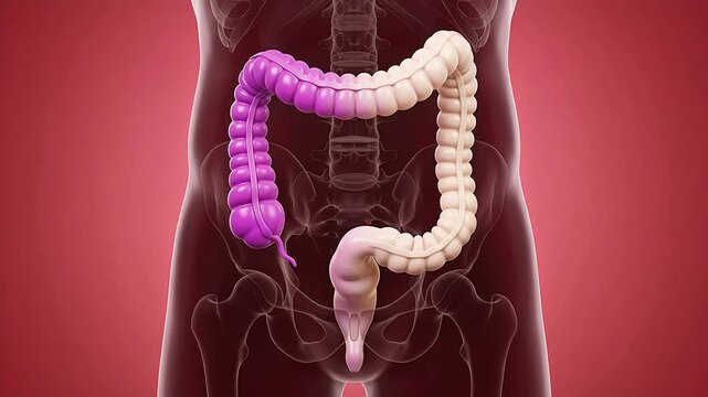 Anatomical 3D illustration of the human large intestine and colon with a highlighted section inside a transparent male torso model