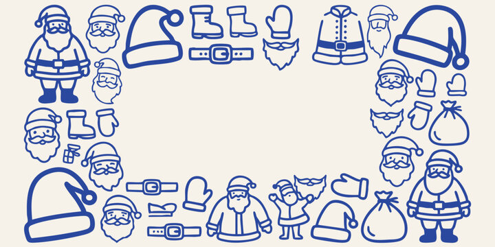 Santa Claus elements arranged in a hand drawn doodle border on a cream background for festive design