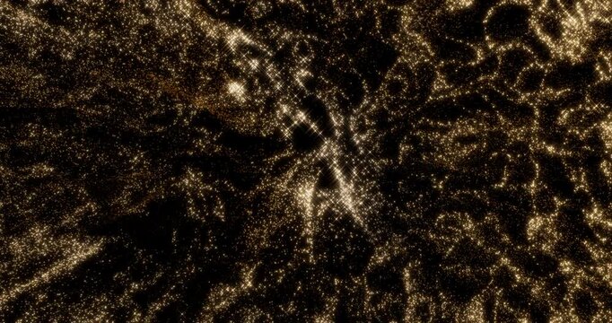 Glittering gold particle trails flying from noise form in black background. Sparkling light streaks glow dust effect. 4K 3D rendering loop animation.