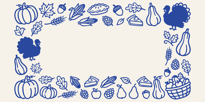 Thanksgiving harvest elements forming a border with a hand drawn doodle style on a cream background