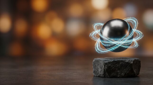 Levitating metallic sphere with glowing orbital rings on a stone pedestal with golden bokeh and left copy space