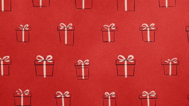 19.Minimalistic repeating motif of elegant gift packages with clean ribbon crosses, placed evenly on saturated red background, limited color palette for stylish look, subtle texture grain, simple