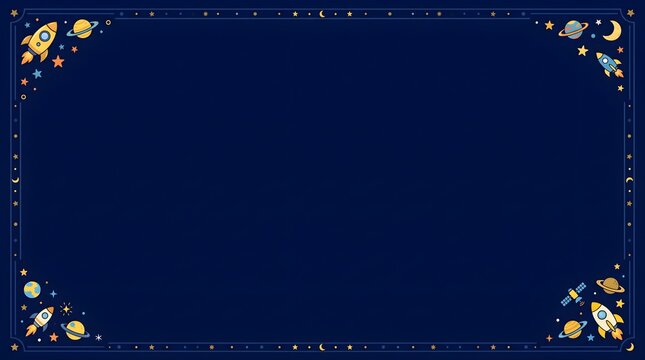 Dark blue background frame featuring cute space-themed rocket and planet illustrations background illustration
