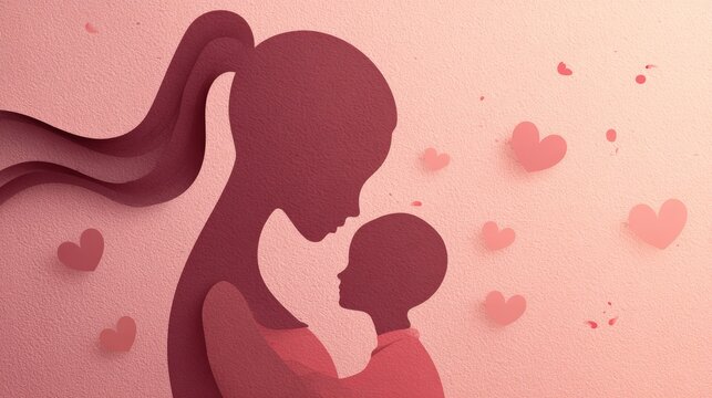 22.Tender greeting card illustration featuring mother and child silhouettes formed from paper layers, flying heart shapes around them, airy light pink backdrop, smooth gradients, subtle confetti,