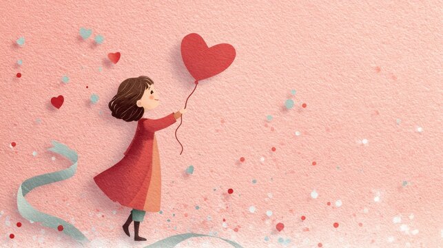 23.Playful postcard design with cutout paper elements drifting in the air, small child holding heart shaped balloon, large central heart symbolizing affection, pale pink background with light