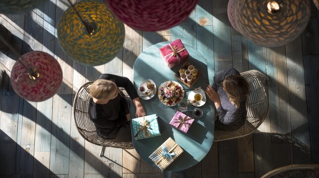 29.Overhead view of two friends seated at a round cafe table with birthday presents, colorful wrapping papers, greeting card, desserts arranged artfully, light and shadow patterns from hanging lamps,