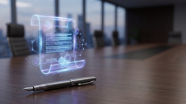Glowing smart contract document hologram with blockchain nodes over a pen on a desk with blurred boardroom and right copy space