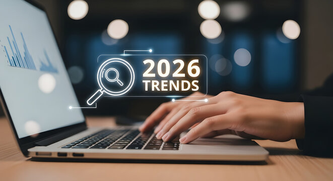 Person analyzing emerging 2026 market trends using a professional laptop in a workspace for strategic business forecasting and data insights