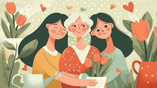 31.Cute flat vector illustration of mother, grandmother, and daughter hugging together in a loving group embrace, soft pastel color palette, round shapes, smiling faces, tulip flowers in watering can