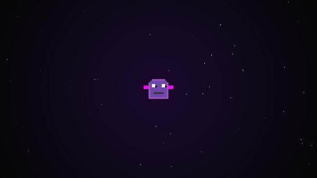 Purple pixelated robot head in dark space suitable for scifi designs, futuristic concepts, website headers, and technologythemed projects.