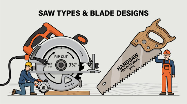 Flat design illustration of two construction workers with circular and handsaws, tools for woodworking and carpentry