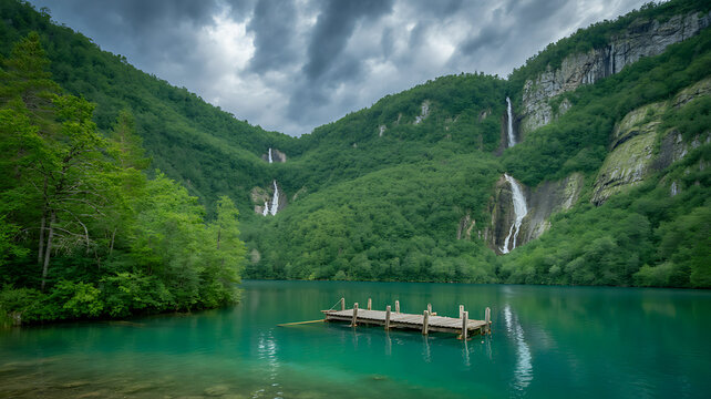A wooden dock floating on a calm turquoise mountain lake, surrounded by steep cliffs covered in dense green forest and multiple cascading waterfalls under a dramatic, cloudy, and overcast sky