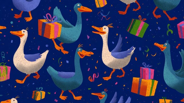 40.Bright seamless pattern of laughing geese with oversized beaks, each interacting with birthday presents, confetti sprinkled around, flat vector style, repeating tile without visible edges, bold