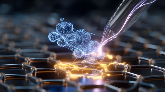 Microscopic Precision Laser Probe Synthesizing Wireframe Rover Vehicle on Silicon Carbon Nanotube CNT Battery Anode Lattice Grid