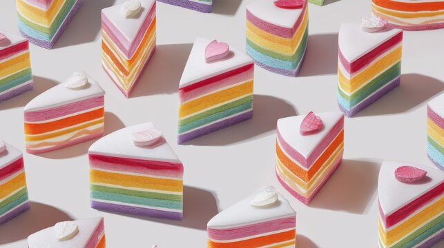 50.Repeating pattern of rainbow layer cake wedges from above, glossy icing sheen, crisp white backdrop, playful arrangement creating visual flow, subtle soft shadows, bright celebratory palette,