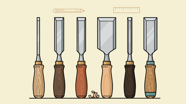 Set of woodworking chisels and a pencil on a light background, flat design graphic elements