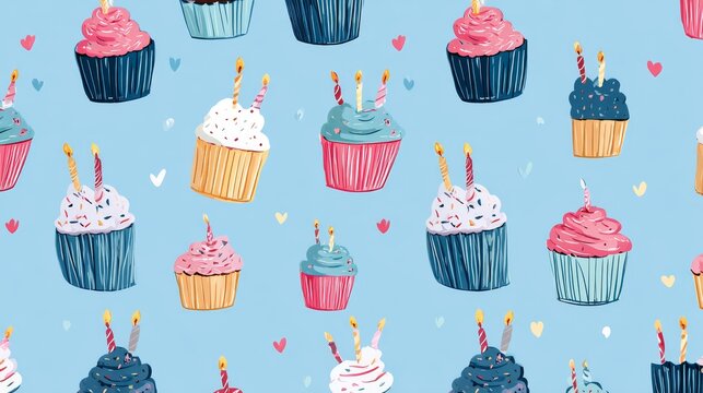 51.Seamless pattern with birthday cupcakes and candles on a blue background