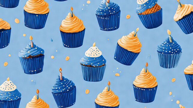 56.Blue seamless pattern filled with birthday cupcakes in paper liners, detailed icing texture, small flames on candles creating warm contrast, dotted and striped decorative elements scattered