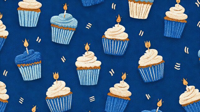 56.Blue seamless pattern filled with birthday cupcakes in paper liners, detailed icing texture, small flames on candles creating warm contrast, dotted and striped decorative elements scattered