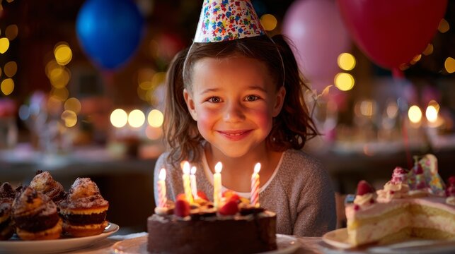 57.Child wearing party hat with cake and candles at indoor birthday celebration