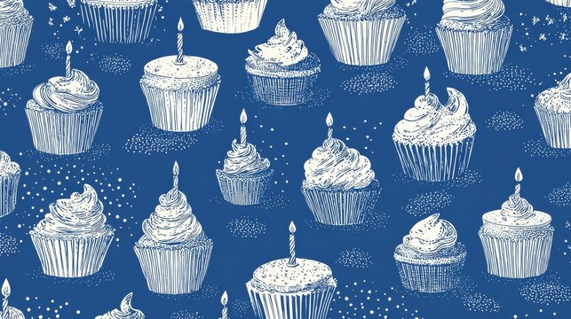 56.Blue seamless pattern filled with birthday cupcakes in paper liners, detailed icing texture, small flames on candles creating warm contrast, dotted and striped decorative elements scattered