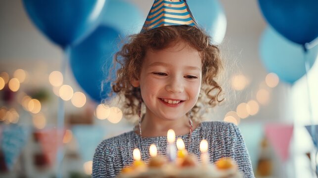 57.Child wearing party hat with cake and candles at indoor birthday celebration